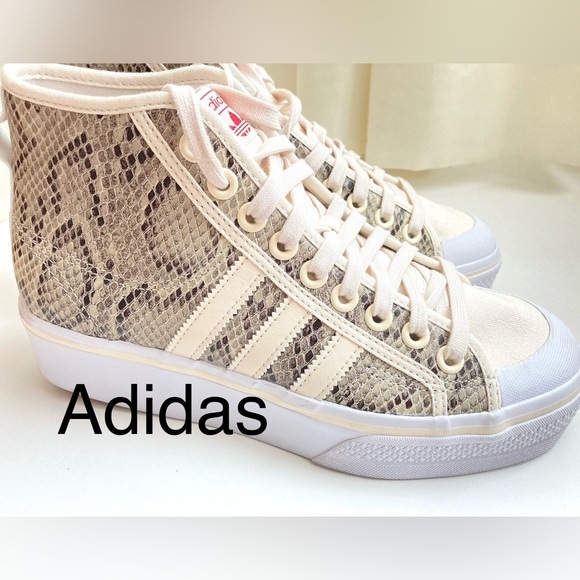 Adidas platform sneakers hi tops sneakers snake skin upper beige white sz 8 new - Picture 1 of 12